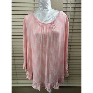 Gap Ruffle Hem Blouse Womens XL Pink White Wavy Print Rayon Long Sleeve Top